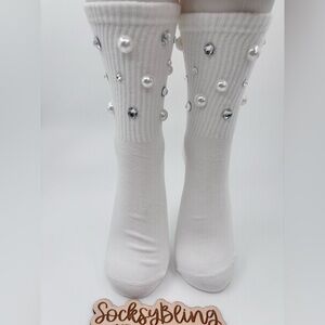 White Embellished Socks with Pearls and Rhinestones